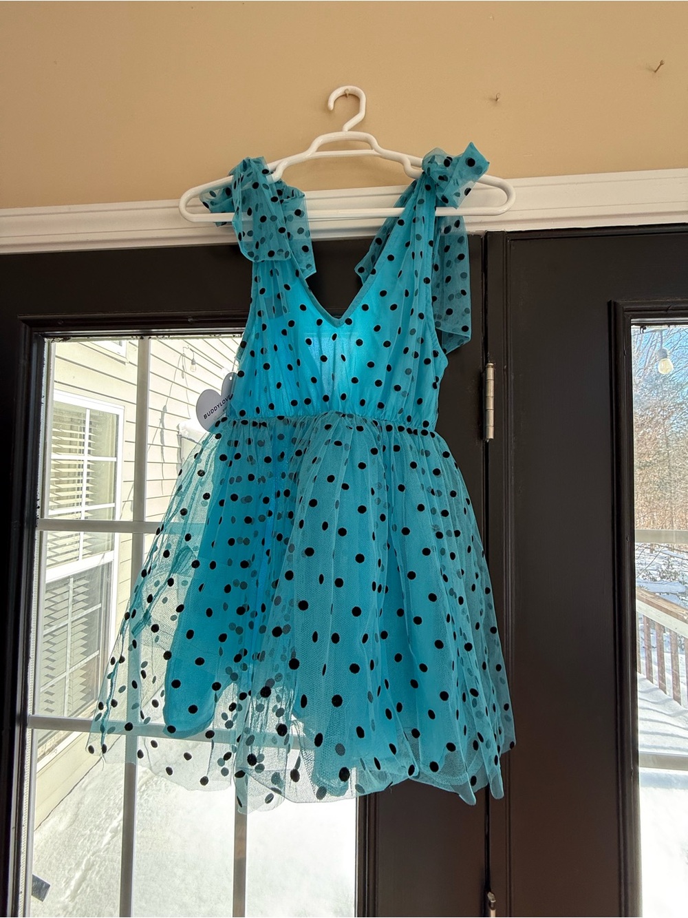 Teal Blue Polka Dot Tulle Party Dress with Black Dots - Picture 6 of 8